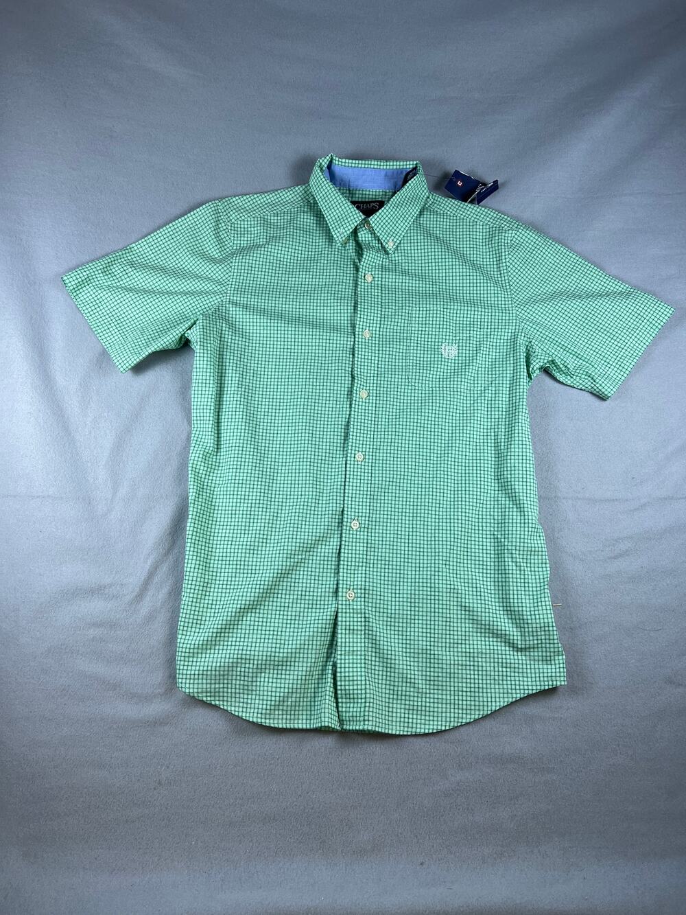 Chaps Shirt Mens M Green Short Sleeve Button Up Check Easy Care Classic NWT